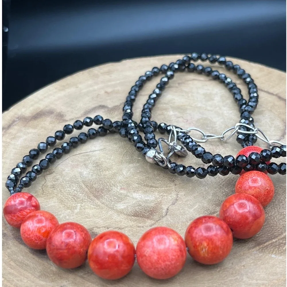Jay King Desert Rose Trading Orange‎ Sponge Coral Black Spinel bead necklace 925
